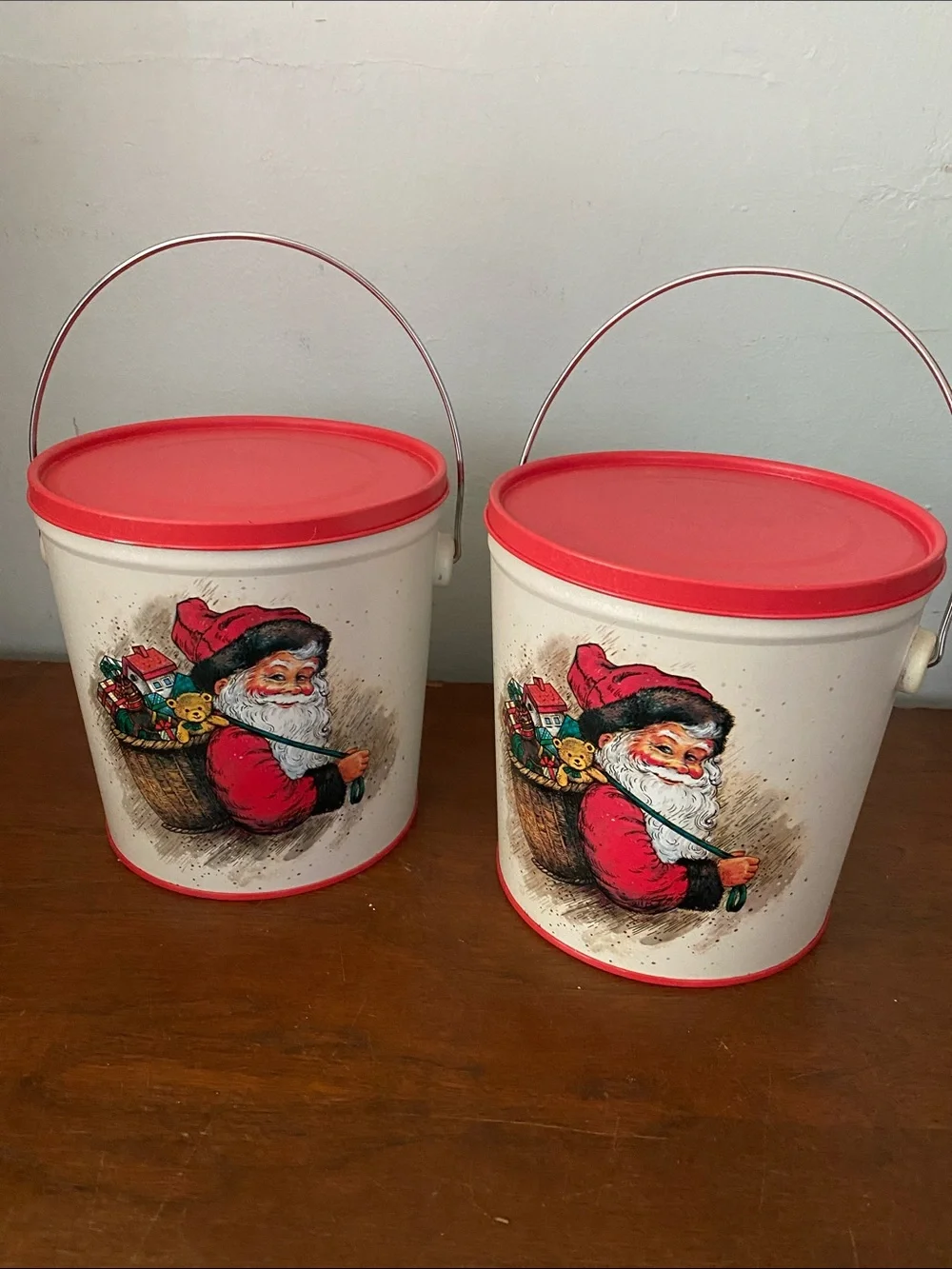 Vintage Santa Claus Christmas Treat Buckets pair of tin pails with red lids